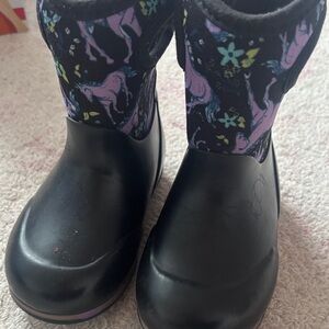 Bogs Kids Black Rain & Snow Boots with Purple Unicorn Print
